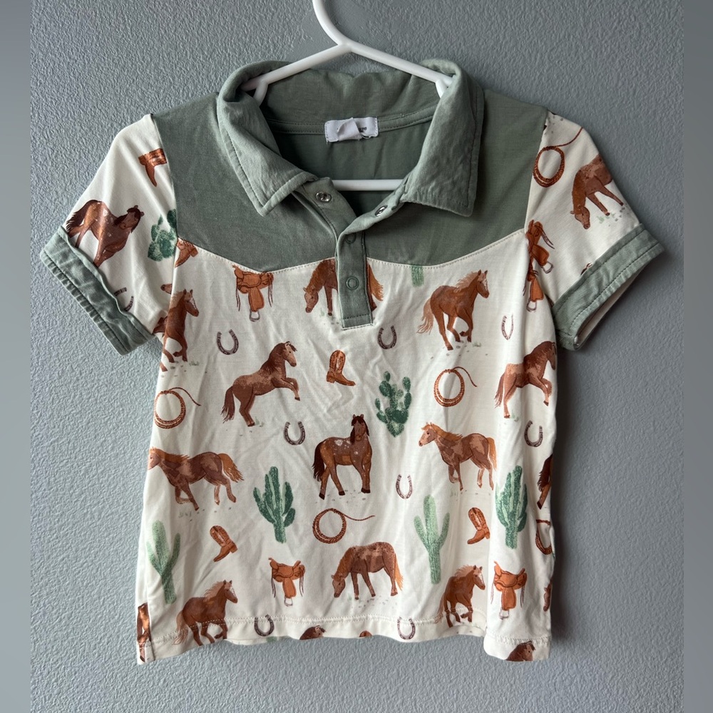 Angel Dear white green horse Cowboy bamboo blend polo short sleeve shirt 2T